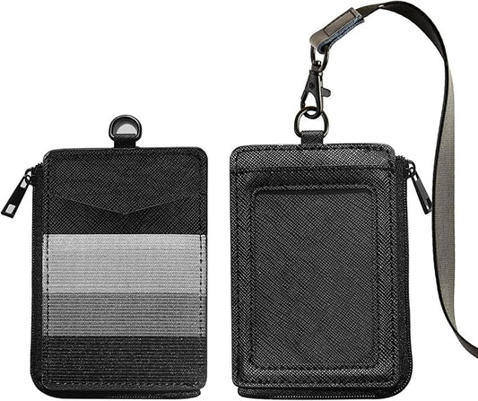2-in-1 ID Badge Holder & Elastic Card Holder Wallet,Minimalist Men & Women Zip Card Holder Wallet with Neck Lanyard,3 Card Slots and 1 Side Zipper Pocket (Black-B)