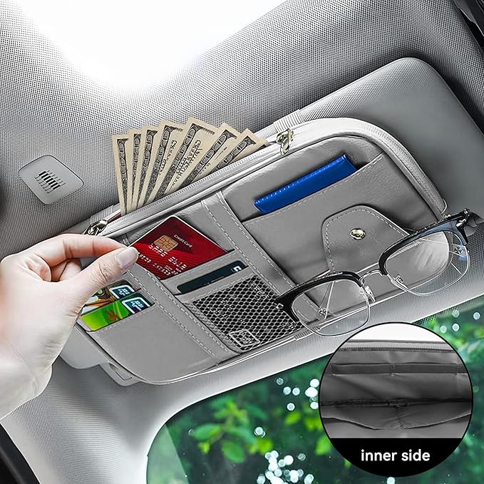 Car Sun Visor Organizer, Multi-Pocket PU Leather Sunglass Holder and Storage Pocket with Net Zipper, Card Sleeve Pocket Organizer, Auto Interior Accessories for Vehicle, Truck, SUV (Gray)