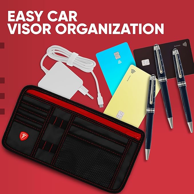 Firestone 2 Pack Sun Visor Organizer Car Accessories for Men & Women, Multi Pocket Visor Storage with Pockets & Card Slots, Eyeglass Holder, Document Holder & Pen Slots - Fits Most Vehicles, Black Red