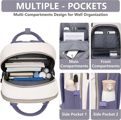 Laptop Backpack for Women Work Bag - 15.6 inch Travel Backpack Purse with USB Charger College Bookbag Waterproof Cute Casual Daypack Business Computer Backpacks for Teacher Nurse Beige Light Purple