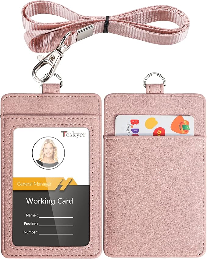 Teskyer Badge Holder with Lanyard, Leather ID Name Badge Card Holder with Lanyard for ID Badges, Vertical, Lychee Pattern Dark Pink