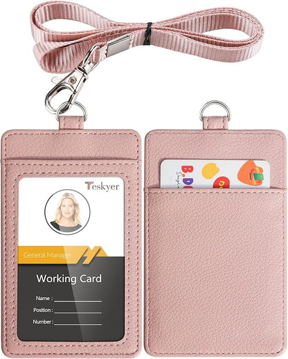 Teskyer Badge Holder with Lanyard, Leather ID Name Badge Card Holder with Lanyard for ID Badges, Vertical, Lychee Pattern Dark Pink