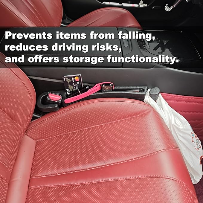 2 Pack Car Seat Gap Filler with Storage, Organizer, Hook & Emergency Glass Breaker, Universal for Cars Trucks SUVs, Stop Items from Falling
