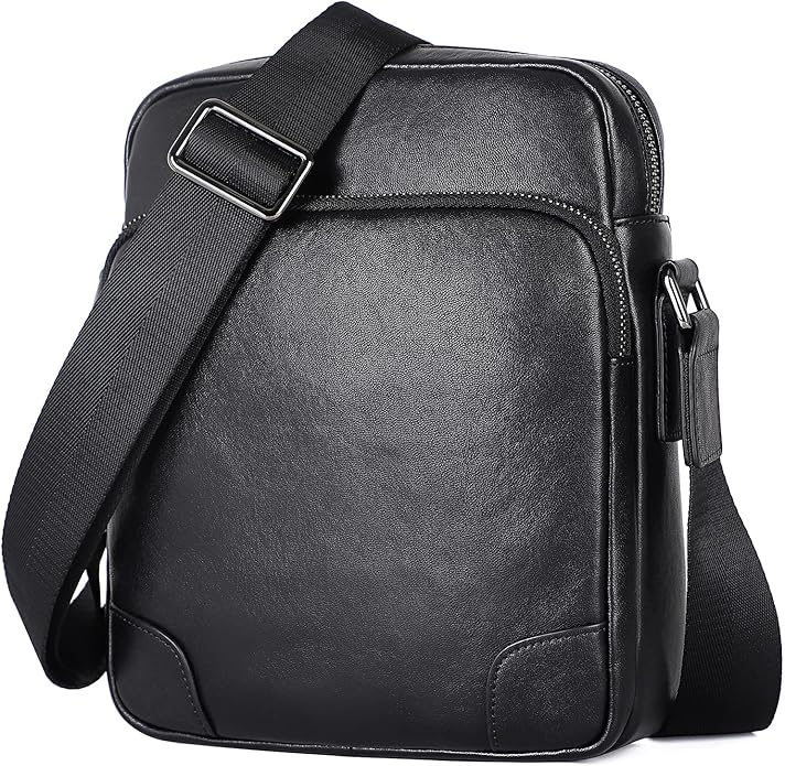 Augus Leather Messenger Crossbody Shoulder Bag for Men Work Business Casual Adjustable Straps (Black-1)