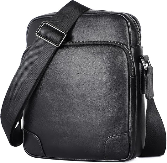Augus Leather Messenger Crossbody Shoulder Bag for Men Work Business Casual Adjustable Straps (Black-1)