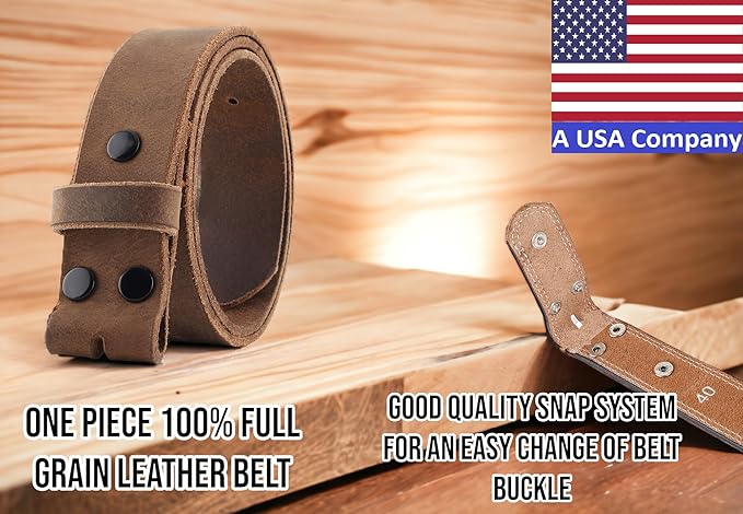 F&L CLASSIC Belt for buckle men Snap on Strap Full Grain One Piece Leather no buckle,1 1/2" Wide, USA