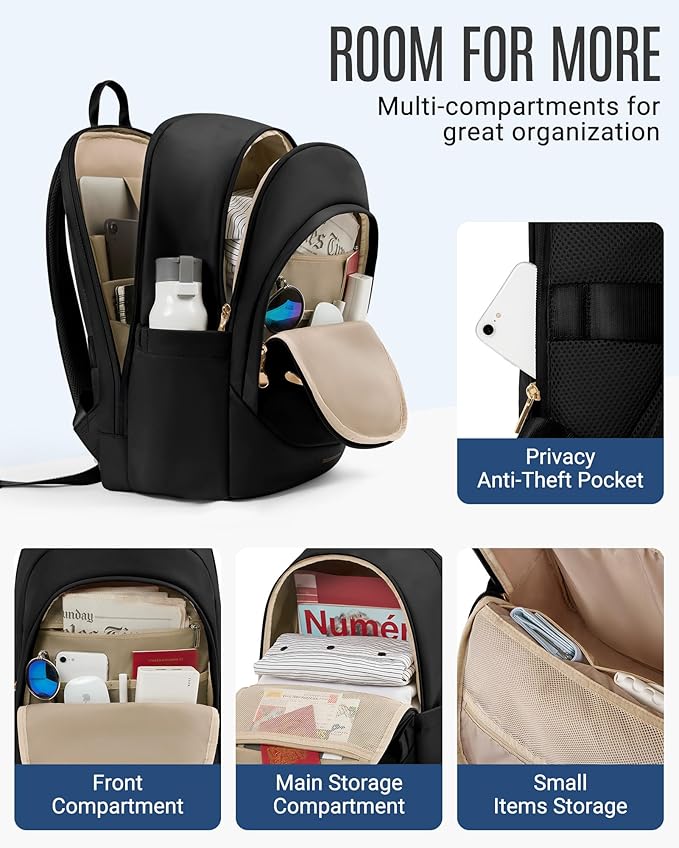 LIGHT FLIGHT Travel Backpack for Women, 15.6 Inch Laptop Backpack with USB Charging Hole, Water Resistant College Bookbag, Large Capacity Black Computer Backpacks for Work, Beige+Green