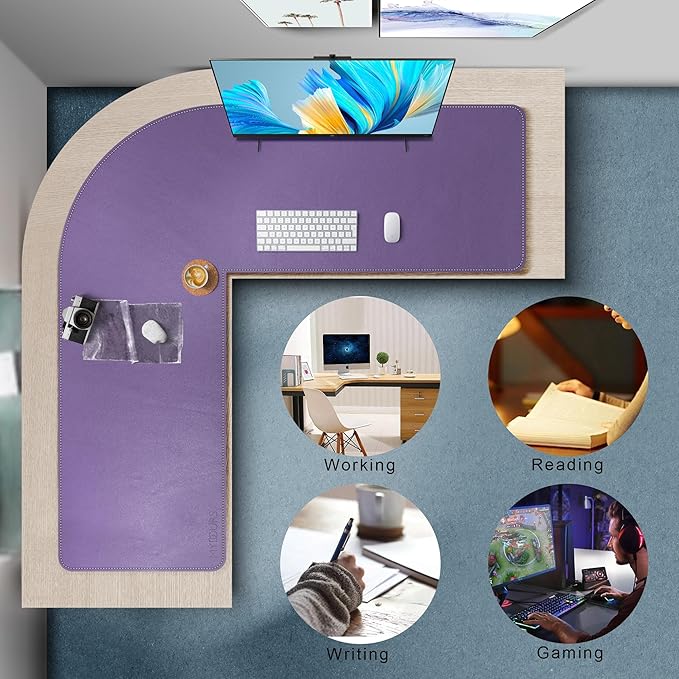 Mydours L-Shape Desk Mat, 46" x 46" x 16" Extra Large PU Leather Desk Pad Blotter, XXL Large Waterproof Gaming Mouse Pad, Desktop Protector for Computer Keyboard Home Office (Purple)