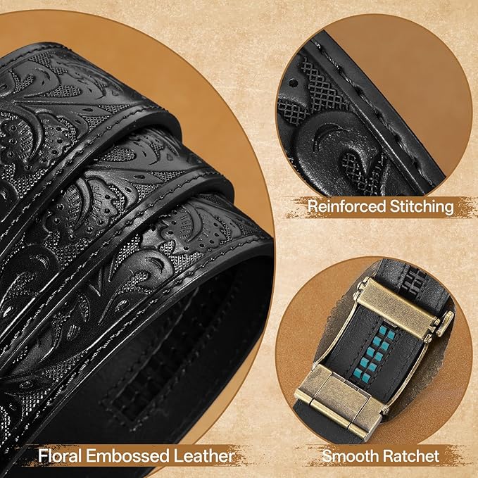Cowboy Western Ratchet Belt for Men Women with Automatic Western Buckle, Ratchet Cowboy Leather Belt for Jeans Gifts