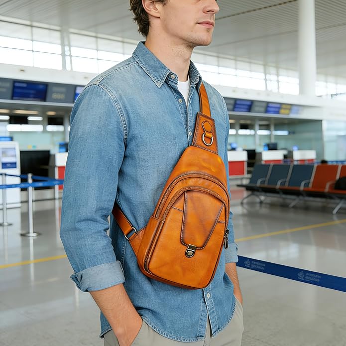NIUCUNZH Genuine Leather Sling Bag Front Metal-Latch Crossbody Bags Handmade Vintage Chest Shoulder Backpack for Women Men