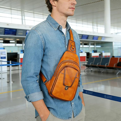 NIUCUNZH Genuine Leather Sling Bag Front Metal-Latch Crossbody Bags Handmade Vintage Chest Shoulder Backpack for Women Men