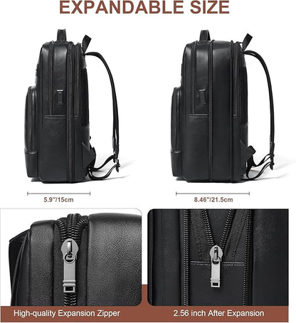 Shrrie Leather Laptop Backpack for Women and Men,28 L Travel Backpack Computer Bag Fits 16 inch Laptop,Expandable Casual Daypack with USB Charging Port for Work Business Weekender College,Black