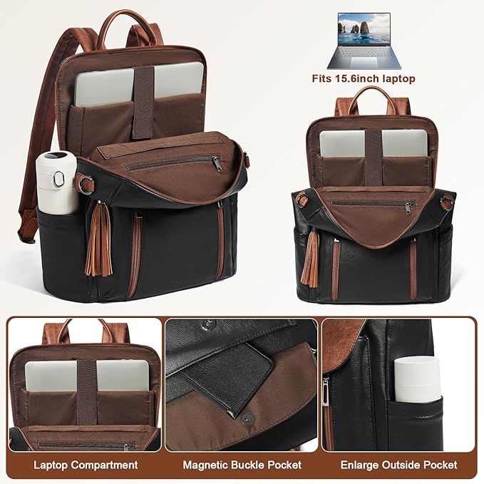 Shrrie Laptop Backpack for Women 15.6 inch,Travel Leather Backpack Purse Nurse Teacher Carry on Backpack Computer Bag,Professional Water-Resistant College Business Work Casual Daypack,Black with Brown