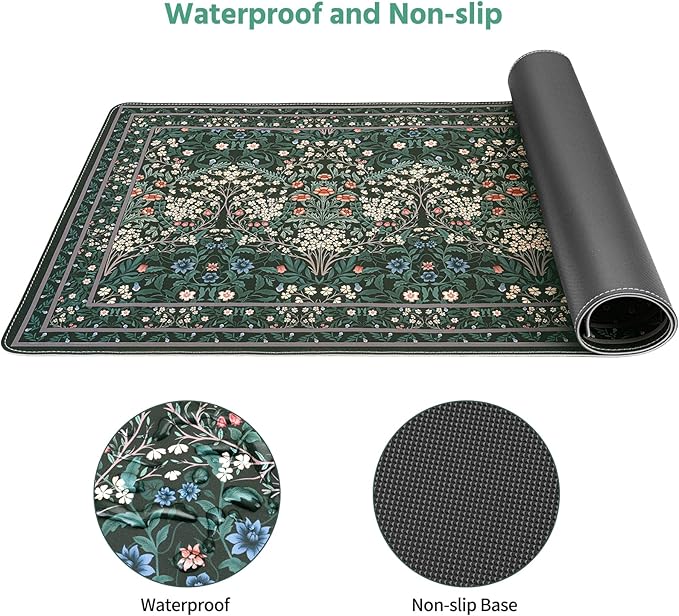 MOSISO Large Mouse Pad Gaming Mousepad, 35.43 x 15.74 inches Vintage Floral Cluster PU Leather Mousepad with Anti-Slip Base&Stitched Edges, Keyboard Pad Mouse Mat for Desktop/Office/Home, Green