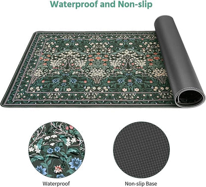 MOSISO Large Mouse Pad Gaming Mousepad, 35.43 x 15.74 inches Vintage Floral Cluster PU Leather Mousepad with Anti-Slip Base&Stitched Edges, Keyboard Pad Mouse Mat for Desktop/Office/Home, Green