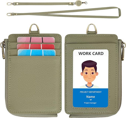 Wason Badge Holder Card Wallet Real Leather with Zipper, Detachable Neck Lanyard, Hand Strap, Retractable Badge Reel, Multi Purpose Case for ID Permit Badge Coin Key Driver's License (Light Green)