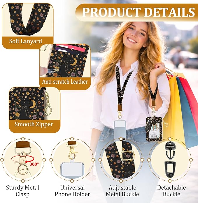 Black Cat Lanyard Wallet with ID Holder, Cute Floral ID Badge Holder with Lanyard, Slim Zipper Card Holder for Women,Detachable Neck Lanyard Wrist Strap with Keychain for Teacher Work Office Gifts