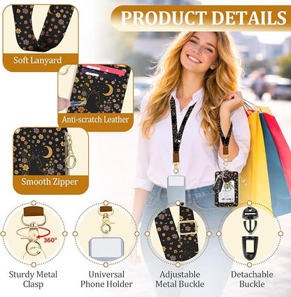Black Cat Lanyard Wallet with ID Holder, Cute Floral ID Badge Holder with Lanyard, Slim Zipper Card Holder for Women,Detachable Neck Lanyard Wrist Strap with Keychain for Teacher Work Office Gifts