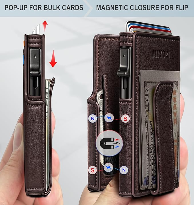 miyozi Wallet for Men, Magnetic Minimalist Slim Wallet with Pop Up Card Holder, 9 Cards RFID Blocking Metal Credit Card Case, Leather Wrapped Money Clip, ID Window & Small Item Slot, Gift Boxed