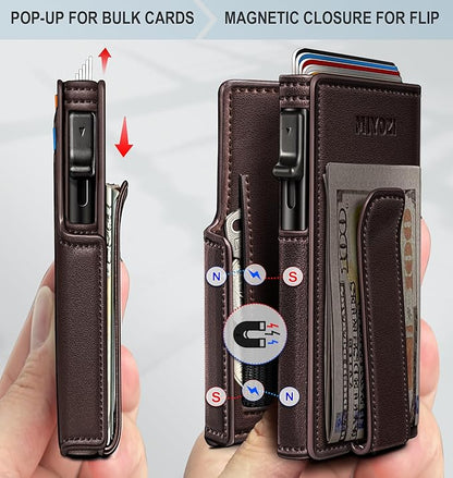 miyozi Wallet for Men, Magnetic Minimalist Slim Wallet with Pop Up Card Holder, 9 Cards RFID Blocking Metal Credit Card Case, Leather Wrapped Money Clip, ID Window & Small Item Slot, Gift Boxed