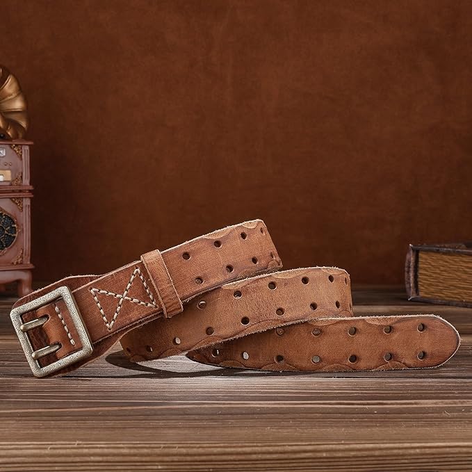 Handcrafted Vintage Style Leather Belt, Brown Full-Grain Leather, Brass Buckle, Double Stitched Design, Casual Wear