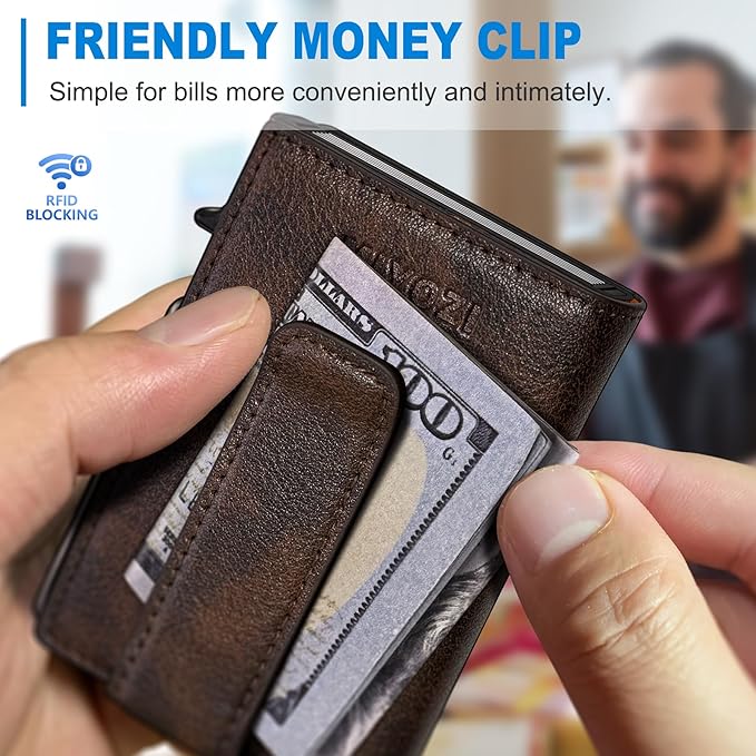 miyozi Wallet for Men, Magnetic Minimalist Slim Wallet with Pop Up Card Holder, 9 Cards RFID Blocking Metal Credit Card Case, Leather Wrapped Money Clip, ID Window & Small Item Slot, Gift Boxed