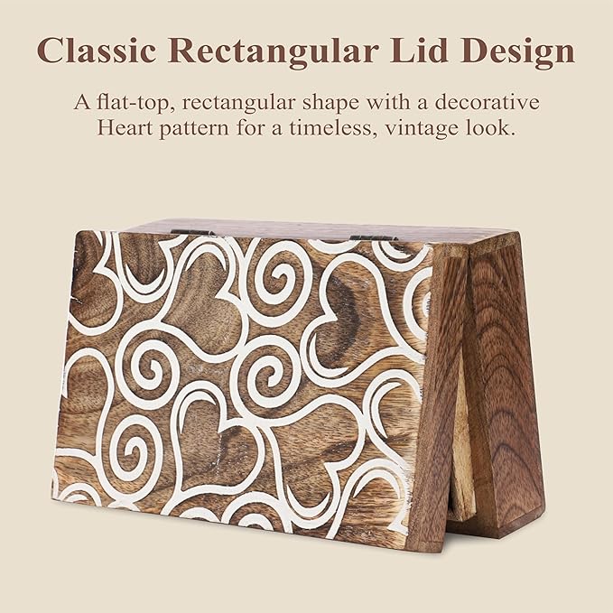 Ajuny Wooden Handmade Decorative Jewelry Storage Box White and Brown Heart Design Multipurpose Treasure Chest Keepsake Organizer Necklaces Watch Boxes Great for Gifts 8x5 Inch
