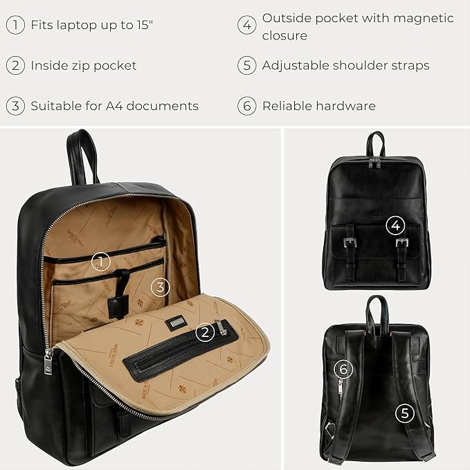 Time Resistance Leather Backpack Vintage Rucksack Purse for Laptop up to 15 in Black