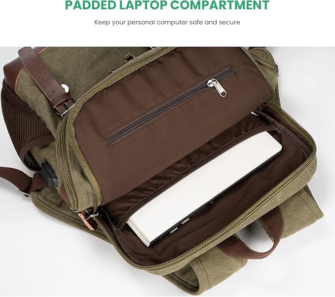 Modoker Eco-Friendly Vintage Backpack for Men Women, Canvas Bookpack Fits Most 15.6 Inches Computer and Tablets, Rucksack Backpack with USB Charging Port, Army Green