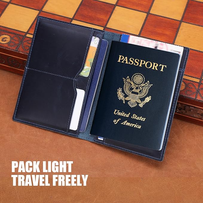STAR VISTA Albatross Leather Travel Passport Holder, Minimalist Design, Full Grain Leather Case for Women and Men - Slim Passport Wallet, Bifold, RFID Blocking, Navy Blue