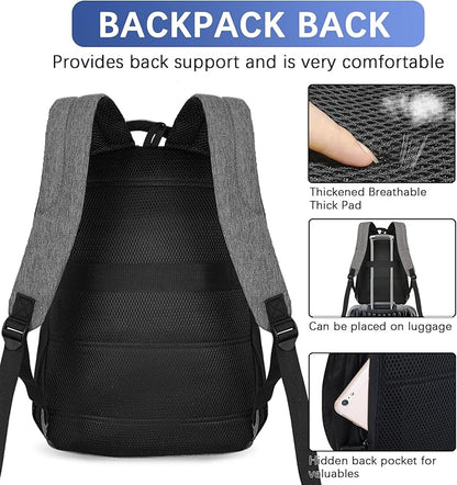 LARIPOP Carry On Backpack for Airplane, 15.6 Inch Laptop Backpack with USB Charging Port, Water Resistant Business Travel Backpack, Lightweight College School Bookbag Anti Theft for Men Women, Grey