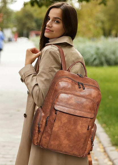 Shrrie Leather Laptop Backpack for Women with 17 inch Vegan Leather Computer Backpack Purse for Travel College Work