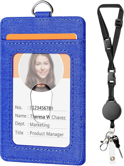 Leather Badge Holder and Adjustable Retractable Lanyards, Quick Release Buckle and Safety Breakaway Lanyards with Swivel Metal Clasp for Offices, Staff, Students, Employees, NavyBlue