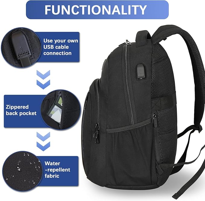 LARIPOP Carry On Backpack for Airplane, 15.6 Inch Laptop Backpack with USB Charging Port, Water Resistant Business Travel Backpack, Lightweight College School Bookbag Anti Theft for Men Women, Black | Water-Resistant