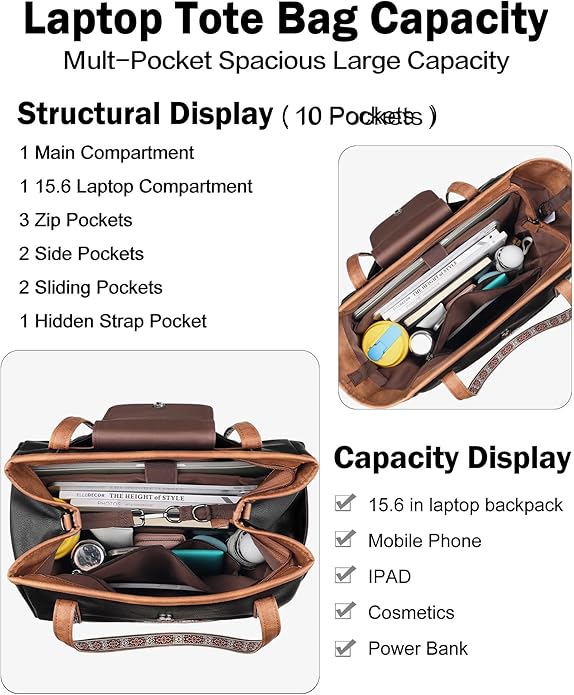 FADEON Large Laptop Tote Bag for Women Designer Leather Laptop Bag Fashion Travel Backpack Purse Shoulder Handbag