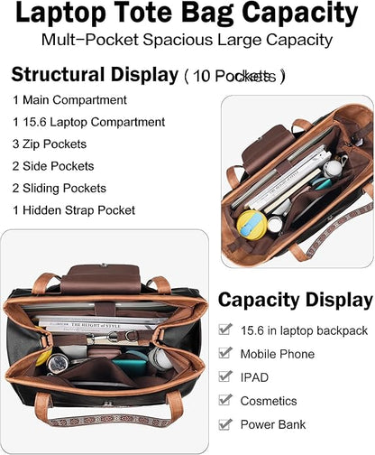 FADEON Large Laptop Tote Bag for Women Designer Leather Laptop Bag Fashion Travel Backpack Purse Shoulder Handbag