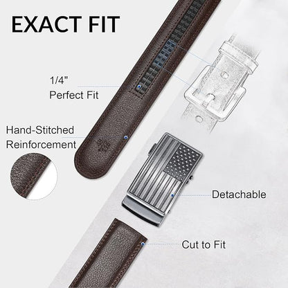 SANSTHS Mens Ratchet Belts Leather 1 3/8" for Men Dress and Casual, Adjustable Click Belts with American Flag Buckles