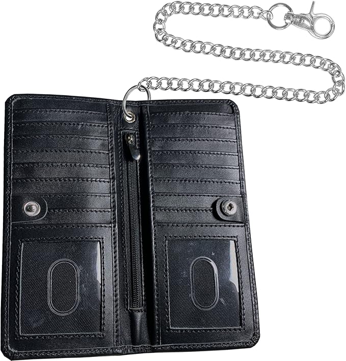 CLASSIC Motorcycle Chain Wallet for Men – Premium Cowhide Leather, RFID Bi-Fold Biker Wallet with Heavy Duty Chain for Bikers Truckers & Hunters, Credit Card Money Organizer Long Wallet Ostrich Black