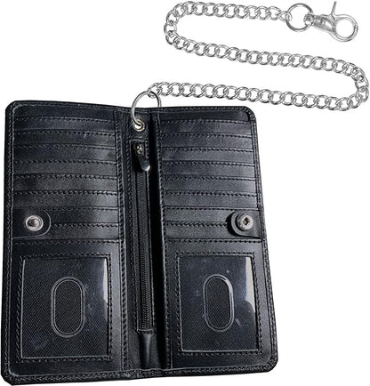 CLASSIC Motorcycle Chain Wallet for Men – Premium Cowhide Leather, RFID Bi-Fold Biker Wallet with Heavy Duty Chain for Bikers Truckers & Hunters, Credit Card Money Organizer Long Wallet Ostrich Black