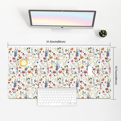 Colorful Star Large Mouse Pad, Watercolor Floral Desk Mat Office Supplies, Waterproof Faux Leather Big Gaming Mousepad for Women Girls, Flowers Desk Pad Home Office Décor Accessories 31.5" x 15.7"