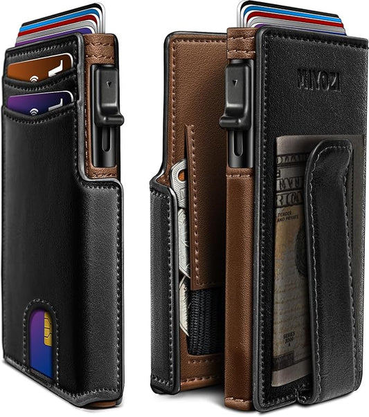 miyozi Wallet for Men, Magnetic Minimalist Slim Wallet with Pop Up Card Holder, 9 Cards RFID Blocking Metal Credit Card Case, Leather Wrapped Money Clip, ID Window & Small Item Slot, Gift Boxed