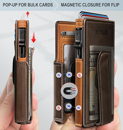miyozi Airtag Wallet for Men,with Money Clip 10 Cards Metal Case Smart Slim Pop Up Credit Card Holder Flip with Magnetic Closure RFID Blocking wallet with Gift Box