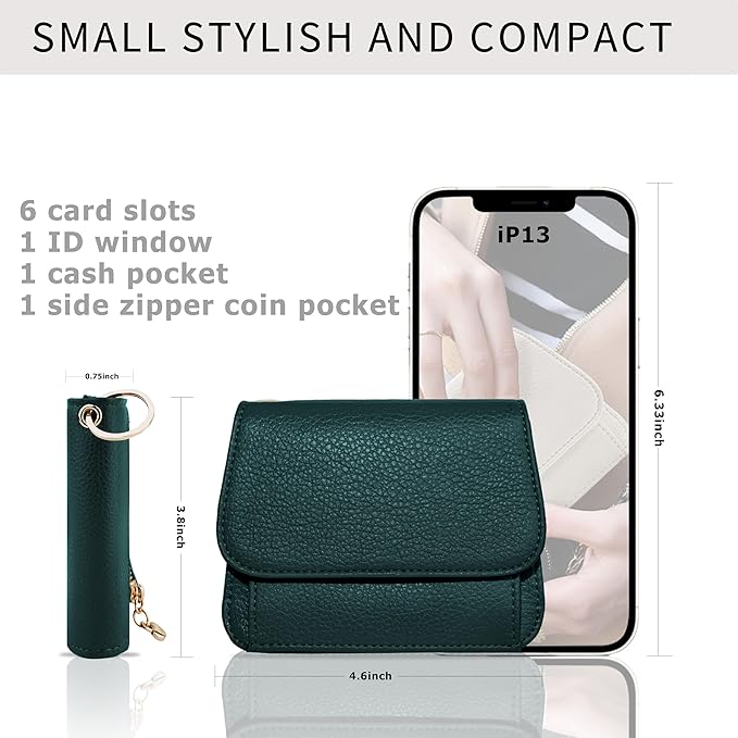 Women Small Wallet RFID Blocking Slim Wallet with Coin Pocket Tri-Fold Credit Card Holder with ID Window and Keychain (Dark Green)