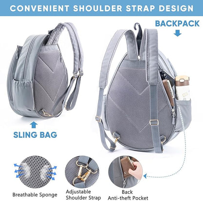 Tennis Backpack with 2 Rackets Holder, Water-Resistant PU Leather Tennis Racket Bag for Women & Men, Sling Crossbody Sports Backpack for Tennis, Pickleball & Badminton, Tennis Gifts