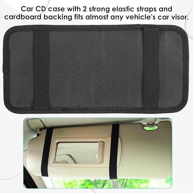 Trinkrittey Car CD Case Holder, Vehicle Sun Visor Organizer DVD Vehicle Visor Storage Organizer with 12 DVD Storage Sleeves, 1 Mesh Pocket, 1 Pen Holder and Elastic Strap
