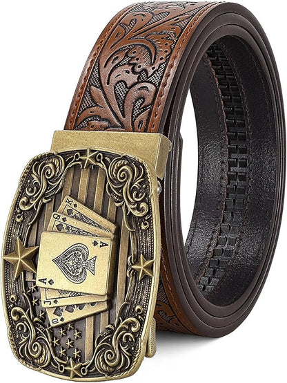 Cowboy Western Ratchet Belt for Men Women with Automatic Western Buckle, Ratchet Cowboy Leather Belt for Jeans Gifts