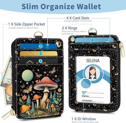 Lanyard Wallet with Id Badge Holder, Mushroom RFID Small Keychain Wallet Women Wristlet, Cute Zipper Credit Card Holder Phone Wrist Neck Strap for Key Name Tag, Teacher Student Office Gifts