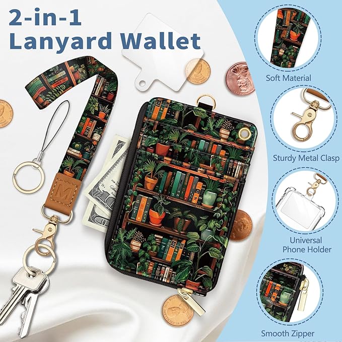 Lanyard Wallet with Id Badge Holder, Bookshelf RFID Small Keychain Wallet Women Wristlet, Cute Zipper Credit Card Holder Phone Wrist Neck Strap for Key Name Tag, Teacher Student Office Gifts