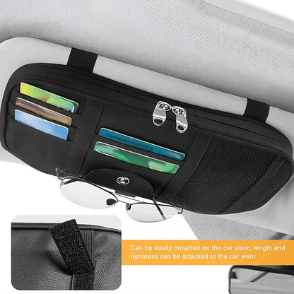 Car Sun Visor Organizer, Multi-Pocket Leather Auto Storage Pouch with Glasses Clip & Zippers, Multifunctional Sun Visor Storage Bag Ticket Organizer for Cars Trucks SUVs (Black)
