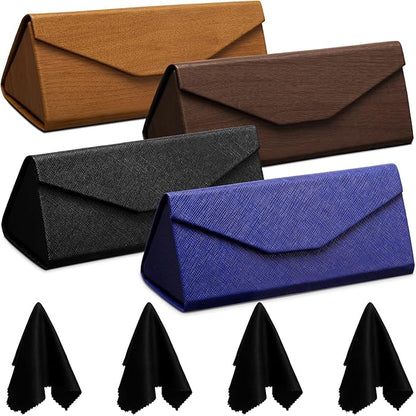Flutesan 4 Pack Foldable Glasses Sunglasses Case PU Hard Shell Collapsible Eyeglasses Leather Case 4 Cleaning Cloths